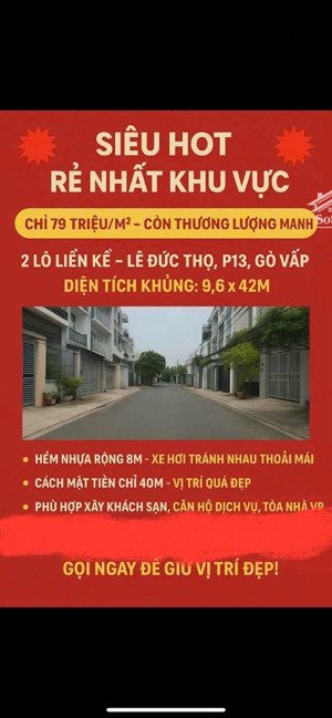 siêu phẩm 2 lô liền kề giá rẻ nhất gò vấp hẻm xe tải 8m sát mặt tiền lê đức thọ!