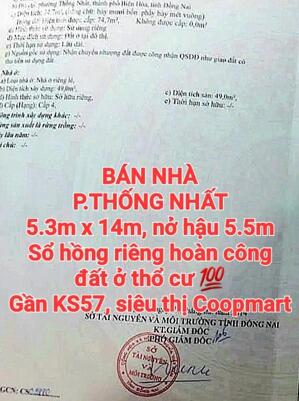 BÁN NHÀ THỐNG NHẤT, SỔ HỒNG RIÊNG THỔ CƯ GẦN KS57, SIÊU THỊ COOPMART