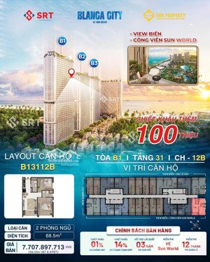 bán cc blanca city, đường 3/2, 7 tỷ, 68m2, 2pn, 2wc, hot!