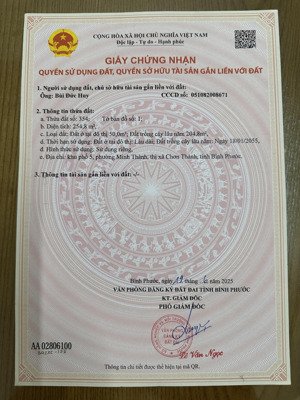 đất thổ cư phường minh thành, tx chơn thành