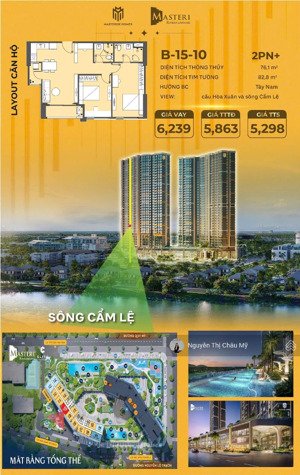 căn hộ 2pn+ tầng 15 view sông mát quanh năm-căn hộ hàng hiệu masteri đà nẵng- ms châu mỹ