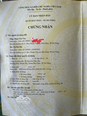 chính chủ bán nhà mặt tiền đường nguyễn hữu thọ .qh châu.tp đà nẵng.dt.105m.ngang 7m dài 15 m
