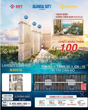 căn 2 pn góc views biển, view công viên nước sun world