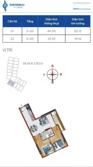 * bán căn hộ tháp cielo destino centro dt 2pn, 1wc hướng đn, t9, giá chỉ 27,3tr/m2