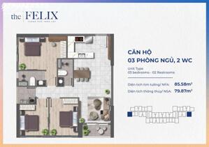 SUẤT NỘI BỘ THE FELIX CĂN 3PN 2WC. CĂN GÓC 2 VIEW, SÔNG, HỒ, THÀNH PHỐ CÓ ĐỦ