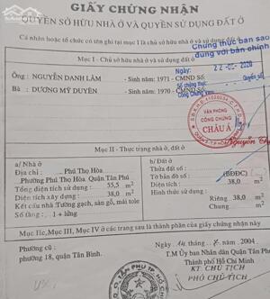 38m2 HẺM XE TẢI PHÚ THỌ HOÀ, hẻm thông, 3ty6