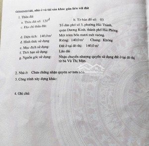 bán đất tại hải thành, dương kinh, 20 triệu / m2, 140 m2, ngang 4m, cách chợ hải thành 150m