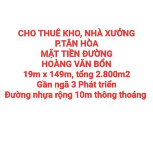 CHO THUÊ KHO, NHÀ XƯỞNG P.TÂN HÒA, MẶT TIỀN ĐƯỜNG HOÀNG VĂN BỔN (XT423)