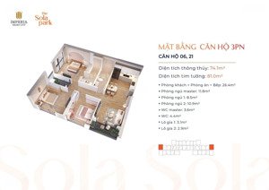 bán căn 3 ngủ, toà g6, dt 75m2, giá 5 tỷ bao phí, tầng trung 2x, the sola park, vinhomes smart city