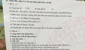 bán đất tại đt, tân khai, hớn quản, bình phước, giá ưu đãi 1,65 tỷ, 260m2