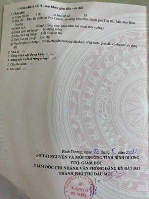 bán đất tại hòa phú, tp mới bình dương, 3,3 tỷ, 120 m2, mặt tiền 6m, ngõ 8m, bình dương