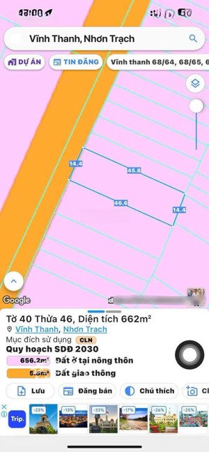 bán đất vĩnh thanh, đồng nai. dt 14,4mx46m, lý tưởng để định cư hoặc đầu tư sinh lời nhanh chóng