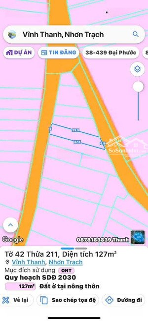 bán đất tại vĩnh thanh, nhơn trạch. full thổ cư, dt 5mx27m, sổ đỏ đầy đủ, giao dịch trong ngày