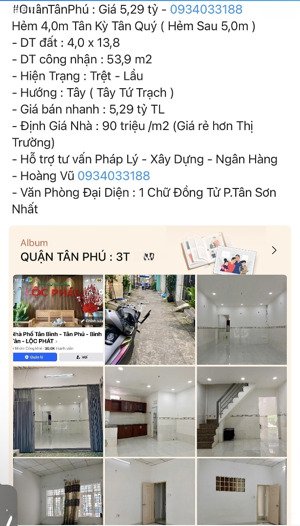 nhà 2 tầng 2pn hẻm trước 4,0m - hẻm sau 5,0m tân kỳ tân quý giá 5,29 tỷ tl . vũ lộc phát 