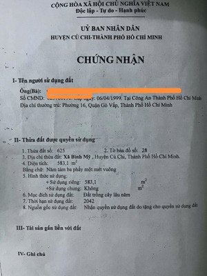 bán đất tại xã bình mỹ, củ chi, hồ chí minh 8,5 tỷ, 583m2 uy tín hàng hiếm