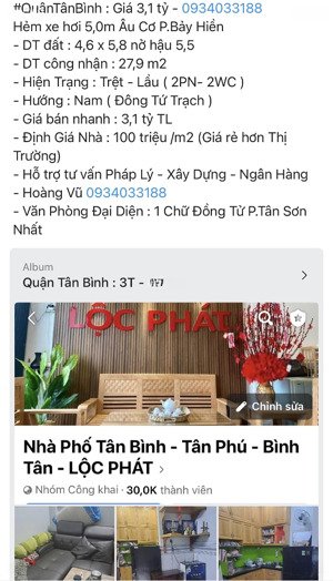 nhà 2 tầng 2pn hẻm xe hơi 4,0m âu cơ giá 3,1 tỷ tl . vũ lộc phát 