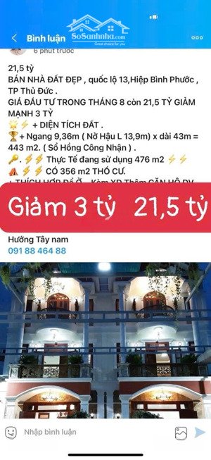 21,5 tỷ bán nhà quốc lộ 13,21,5 tỷ 9,36m ( nở hậu l 13,9m) x dài 43m = 443 m2.