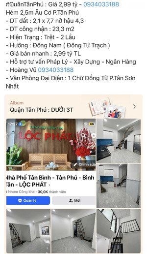 nhà 3 tầng hẻm 2,5m âu cơ giá 2,99 tỷ tl . vũ lộc phát 