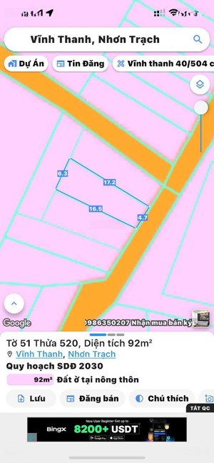 bán đất vĩnh thanh, nhơn trạch. dt 4,7mx17,2m, full thổ cư, pháp lý đầy đủ, giá cả hợp lý, bán ngay