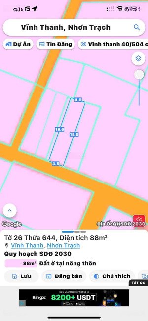 bán đất tại vĩnh thanh, nhơn trạch. full thổ cư, dt 4,5mx19,8m, pháp lý đầy đủ, xây dựng được ngay