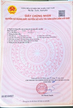 giá 1 tỷ chẳn cho 1223m2(20x60)m vườn vuông vức, sổ hồng riêng, ngay kcn tây bắc củ chi, 