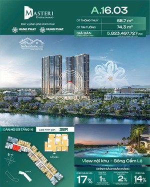 căn hộ 2pn tại masteri rivera danang, giá tốt 5,8 tỷ, 74m2 view sông