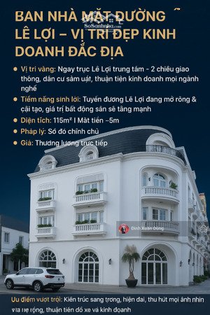 bán nhà mặt đường lê lợi 115m2 mặt tiền ~5m kinh doanh tốt