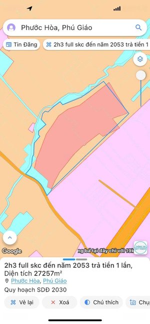 bán đất skc đóng tiền thuế 1 lần đến 2053. tổng diện tích 23.000m2 tại phước hoà, phú giáo