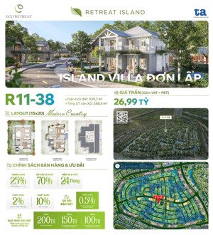 biệt thự đảo đơn lập eco retreat r11-38. giá 26.9 tỷ, 340m2. công viên 2 bên hông. kế bên clubhouse