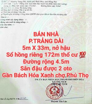 BÁN NHÀ TRẢNG DÀI, SỔ HỒNG RIÊNG THỔ CƯ, SÂN ĐẬU 2 OTO GẦN BÁCH HÓA XANH CHỢ PHÚ THỌ