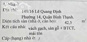 Nhà 4 tầng 4x6.5m 3PN 3WC 149/16 Lê Quang Định 4.55 tỷ