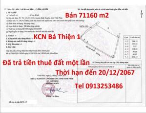 Bán 71160 m2 đất trong Khu công nghiệp Bá Thiện - Tỉnh Vĩnh Phúc và nay thuộc Tỉnh Phú Thọ (mới)