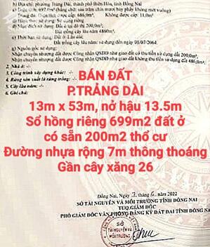 BÁN 699m2 ĐẤT TRẢNG DÀI, ĐƯỜNG NHỰA RỘNG 7m THÔNG THOÁNG, SỔ HỒNG THỔ CƯ GẦN CÂY XĂNG 26