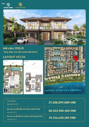 biệt thự waterpoint mã căn d15.13, không gian sống ven sông vàm cỏ đông đt 682 mua trực tiếp cđt