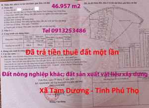 Bán 56957 m2 đất Huyện Tam Dương - Tỉnh Vĩnh Phúc (nay là xã Hội Thịnh - Tỉnh Phú Thọ)