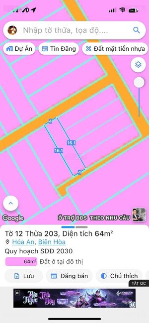chủ gởi bán lô đất hóa an, 4x16=64m2, sổ riêng, thổ cư 100%, đường xe hơi, cách cầu hóa an 900m