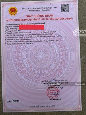 chính chủ cần bán gấp lô đất tại giao phong - giao thuỷ - nđ giá 24.5tr/m2