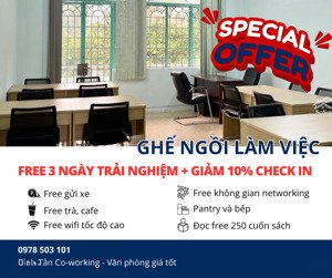cho thuê ghế ngồi làm việc chỉ 1080k/tháng - cafe, gửi xe, đọc sách miễn phí - ưu đãi t9 giảm 10%