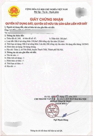 chính chủ gửi bán 386m2 đất tại xã yên bình, thạch thất, hà nội, giá thỏa thuận, view đẹp, giá tốt