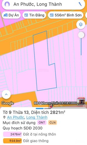 cần bán lô đất mặt tiền đường phùng hưng, long thành. dt: 2820m2 /600m2 tc. 25m mt, đang cho thuê