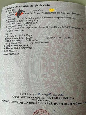 cần bán lô đất đẹp hẻm 2/4 phường vĩnh hòa, p. bắc nha trang 119,7m2 ngang 5,5m - 4,8 tỷ