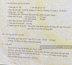 chính chủ bán nhà 339/22b lê văn sỹ phường 13 quận 3 - dt 5x21m trệt 3 lầu hđt 80tr/th