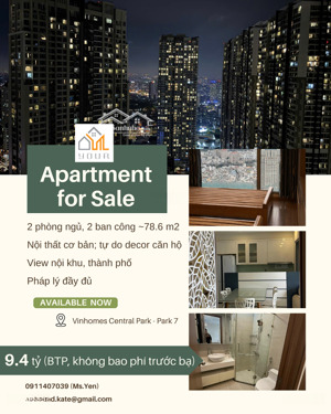 bán căn hộ vinhomes central park 2pn, 2 ban công, park 7, 78.6 m2, nội thất cơ bản, 9.4 tỷ