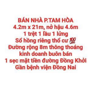 BÁN NHÀ TAM HÒA, 1TRỆT 1LẦU, SỔ HỒNG THỔ CƯ GẦN BV ĐN KINH DOANH, BUÔN BÁN (NP655)
