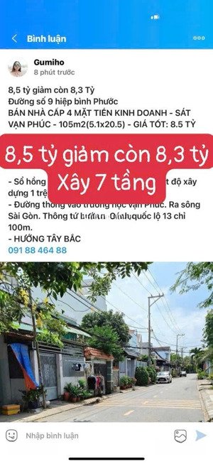 8,5 tỷ giảm 8,3 tỷ đường số 9 hiệp bình phước đường 7 m mặt tiền sát vạn phúc - 105m2(5.1x20.5)