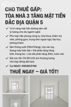 CHO THUÊ GẤP: Tòa Nhà 3 Tầng Mặt Tiền Đắc Địa Quận 5