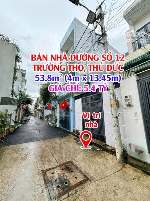 bán nhà hẻm xe hơi - đường số 12, p. trường thọ - 53.8m2 - giá 5.4 tỷ