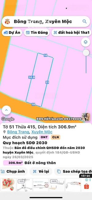 bán đất xã bông trang xuyên mộc hcm dt: 306m2 ngang 10mx30m có 80m2 thổ cư,gần bãi tắm bông trang