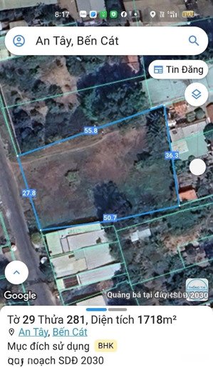 bán đất an tây, bến cát mặt tiền dh609 gần ubnd p. tây nam 27x55m, giá 8 tỷ
