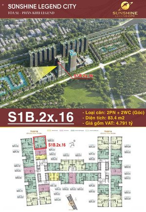 căn góc 2pn full nội thất, tầng 2x tại sunshine legend city, 57 triệu/m2